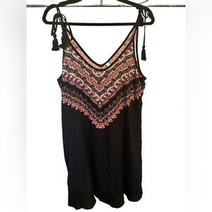 Embroidered V-Neck Black Tank Dress with Coral Accents